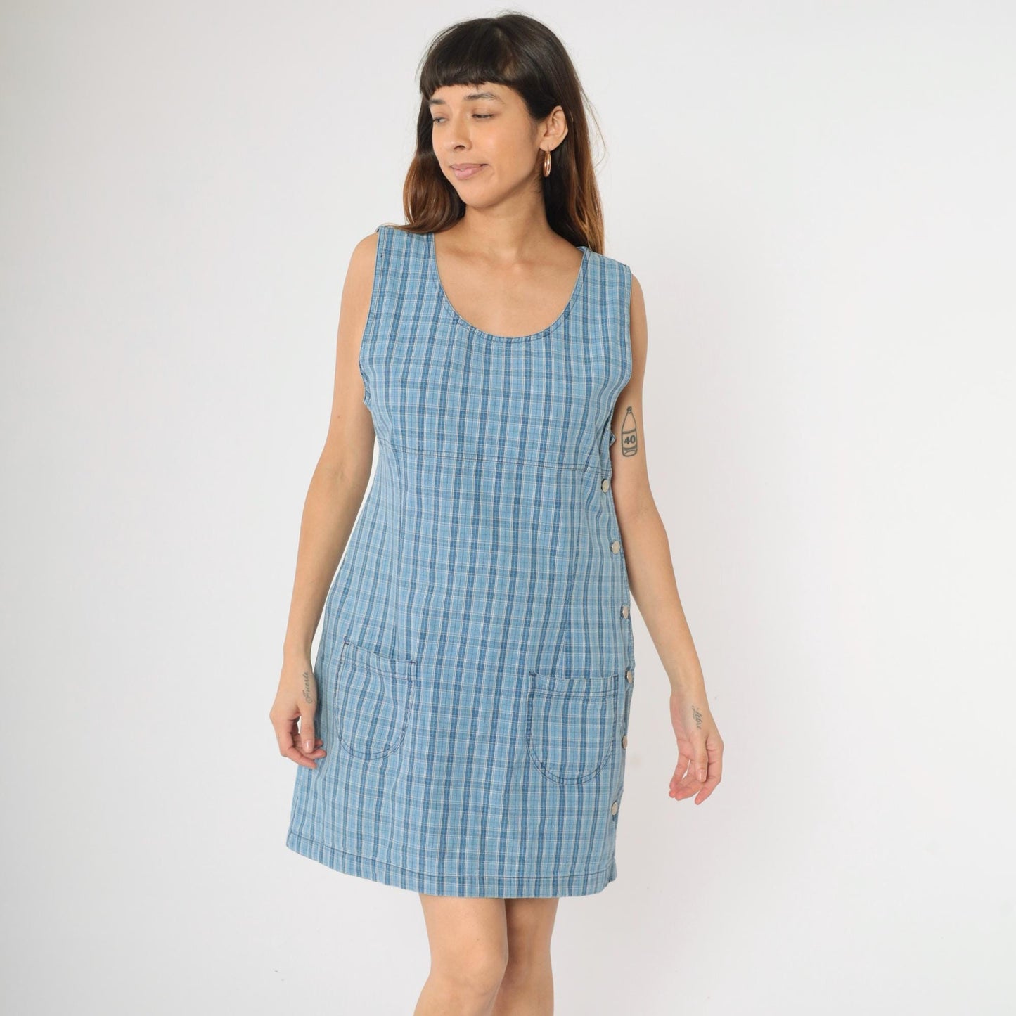 90s Cherokee Blue Plaid Mini Jumper Dress Sleeveless Shift Medium M
