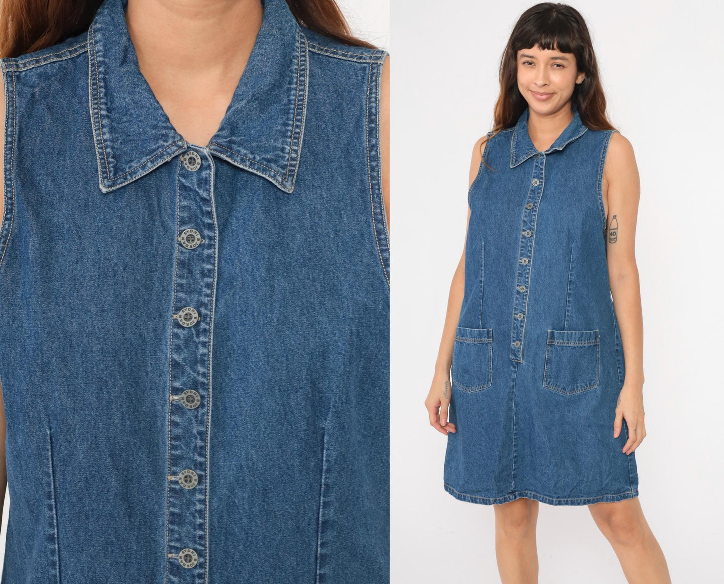 90s Denim Mini Dress Button-Up Sleeveless Blue Cotton Medium Large