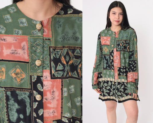 90s Patchwork Mini Dress Button-Up Long Sleeve Green Black Coral Medium M
