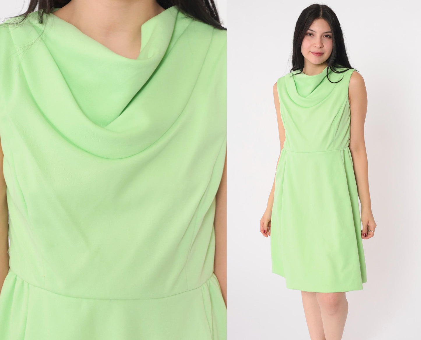 1970s Lime Green Cowl Neck Shift Dress Mini Sleeveless Small S