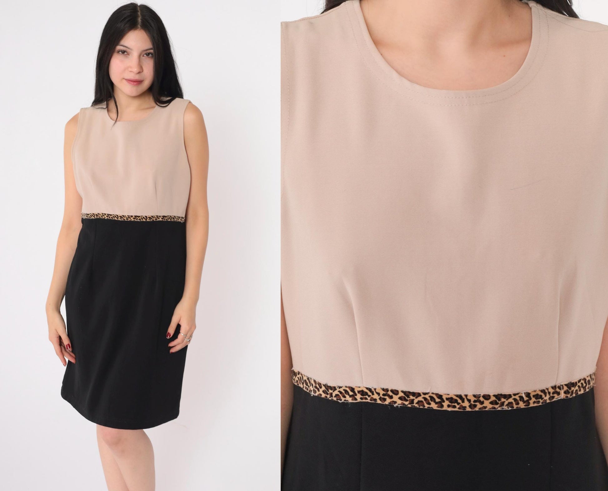 90s Ronni Nicole Petite Color Block Mini Dress Leopard Trim Beige Black Medium