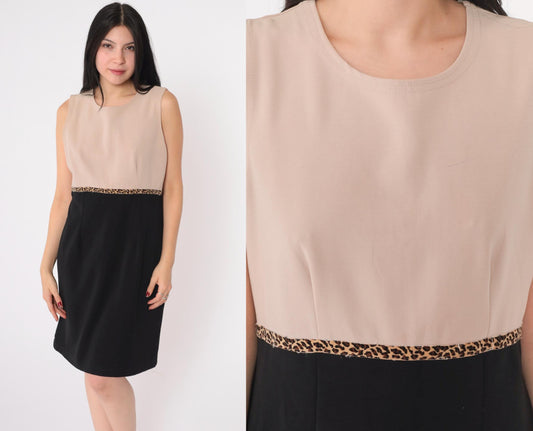 90s Ronni Nicole Petite Color Block Mini Dress Leopard Trim Beige Black Medium