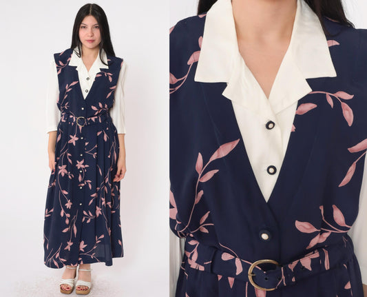 90s Navy Floral Maxi Dress Button-Up Attached Shirt 3/4 Sleeve Belted Medium