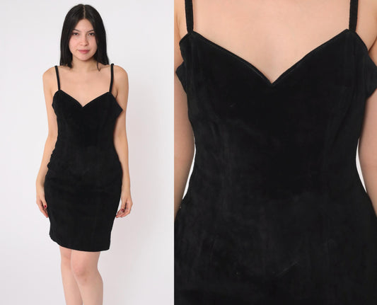 80s Wilsons Leather Black Suede Mini Dress Bodycon Sweetheart Neckline Small