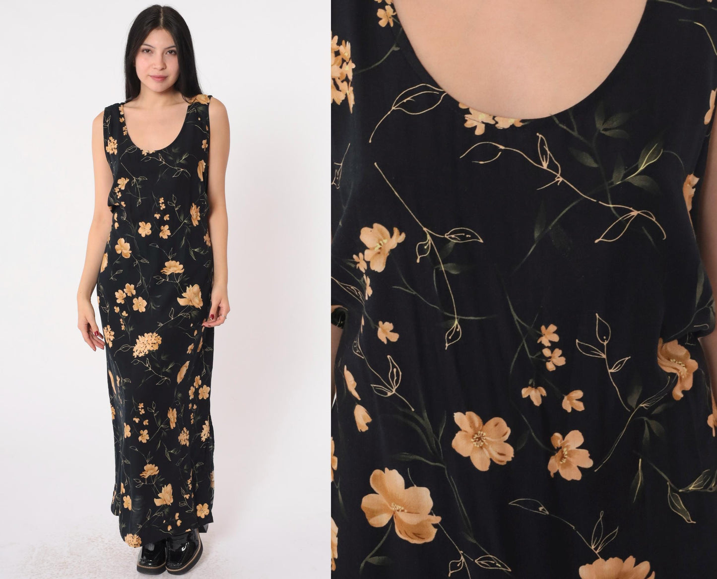 90s Black Floral Maxi Sundress Y2K Gold Print Sleeveless Scoop Neck Side Slit 16W