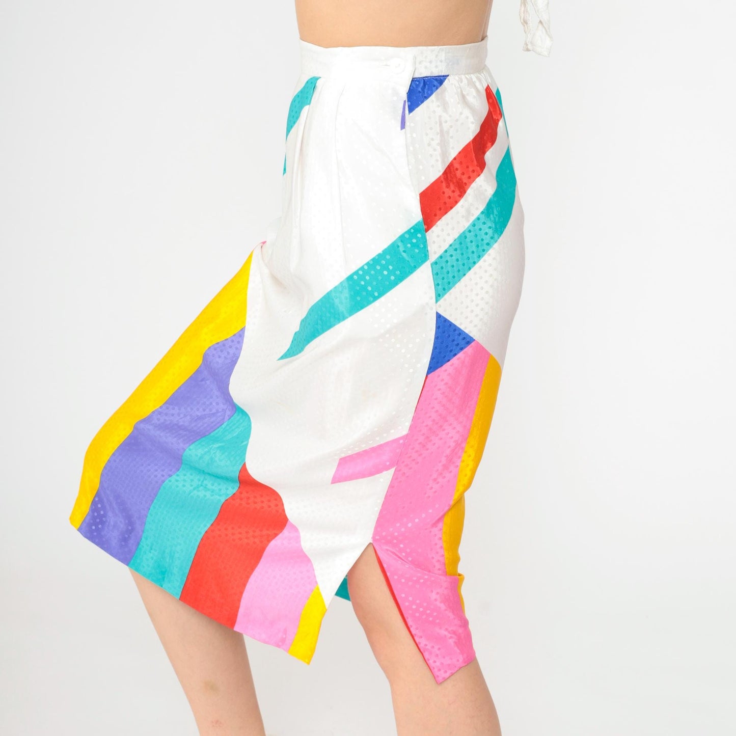 80s Rainbow Striped Midi Skirt High Waist Polka Dot White Small 4