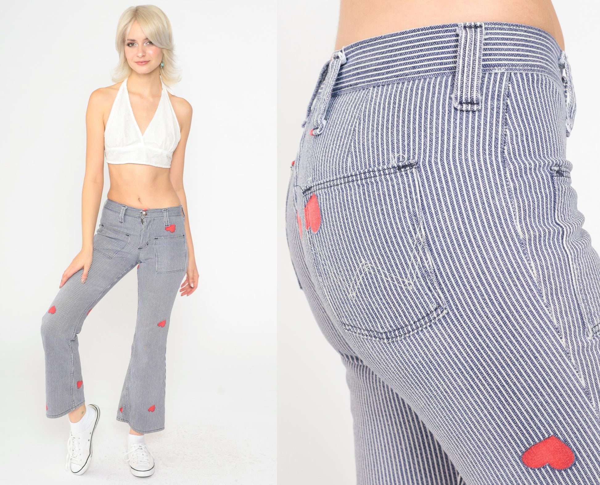 70s Wrangler Bell Bottom Jeans Hickory Striped Heart Patch Blue XXS