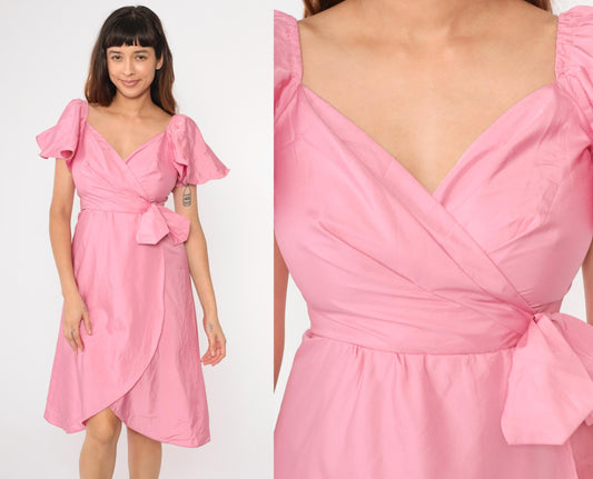 80s Pink Midi Prom Dress Flutter Sleeve V-Neck High Waist Bow Tulip Hem Small