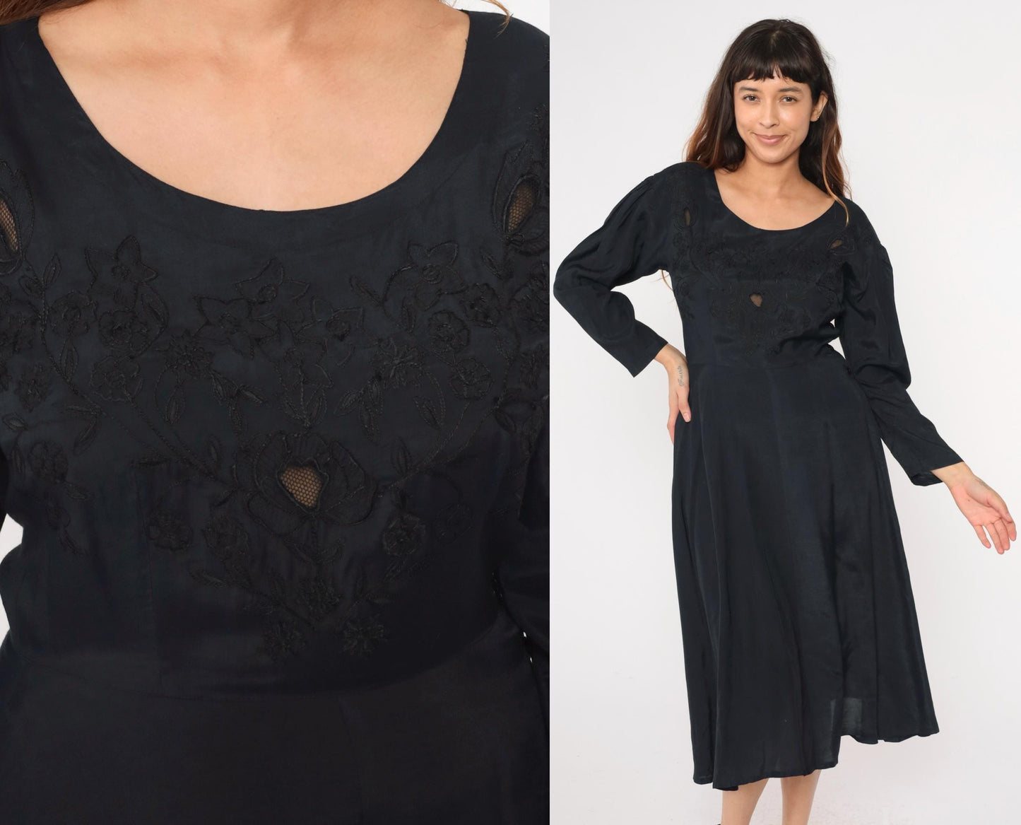90s Black Floral Embroidery Midi Dress Mesh Cutout Puff Sleeve Small