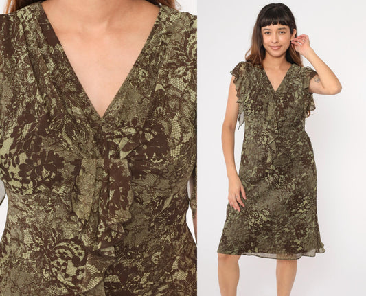 Y2K Floral Chiffon Midi Dress Brown Green Empire Waist V-Neck Small 6