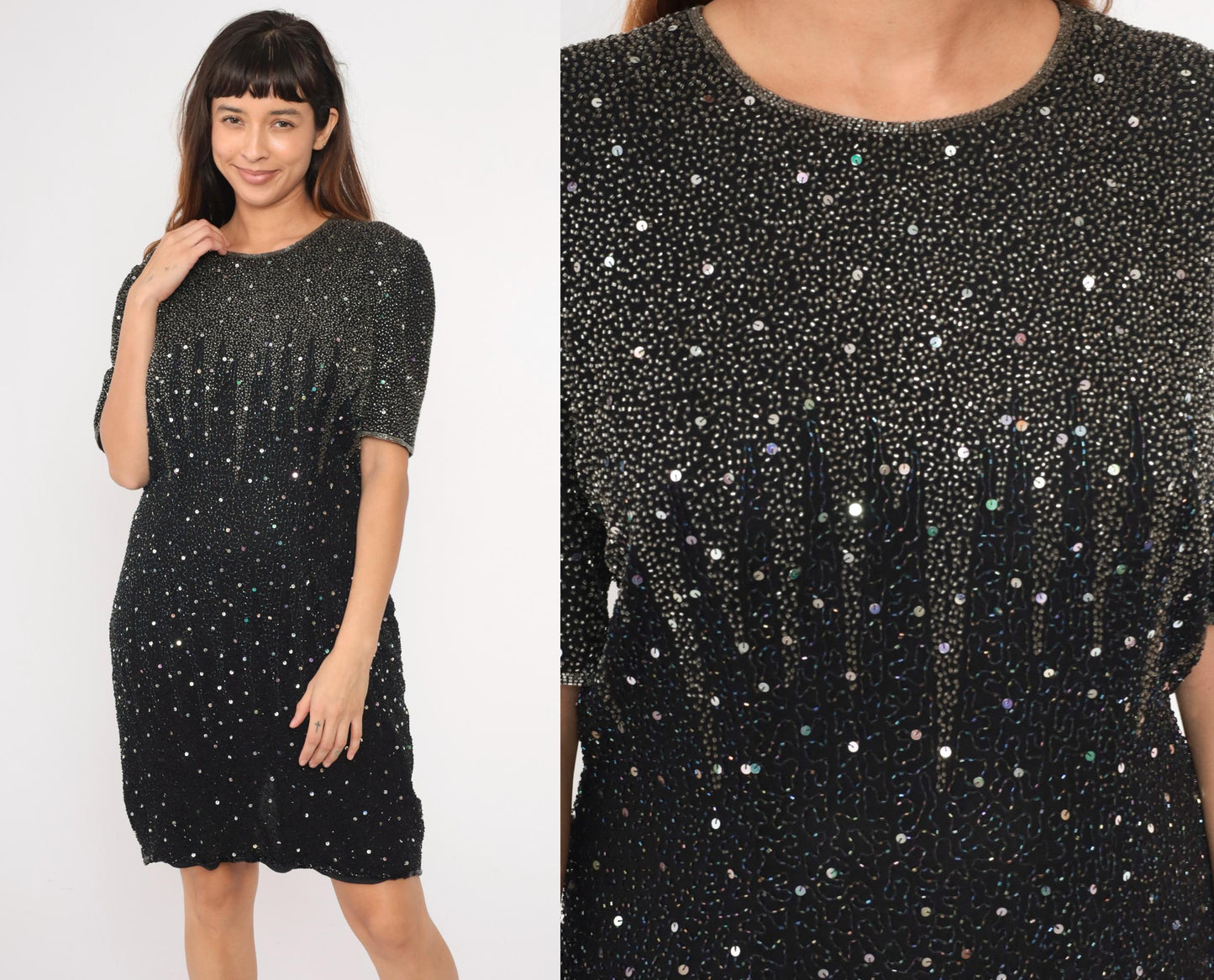 90s Black Silk Beaded Sequin Mini Dress Sleeveless Shift Medium Large