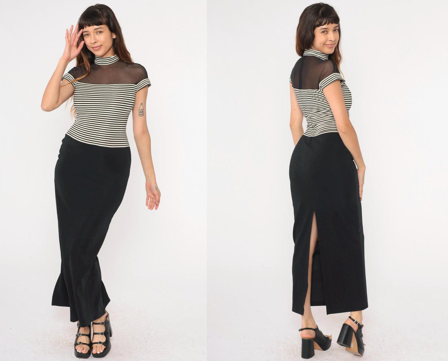 90s Susan Rosalli Bodycon Maxi Dress Black White Striped Mesh Mock Neck Small 4