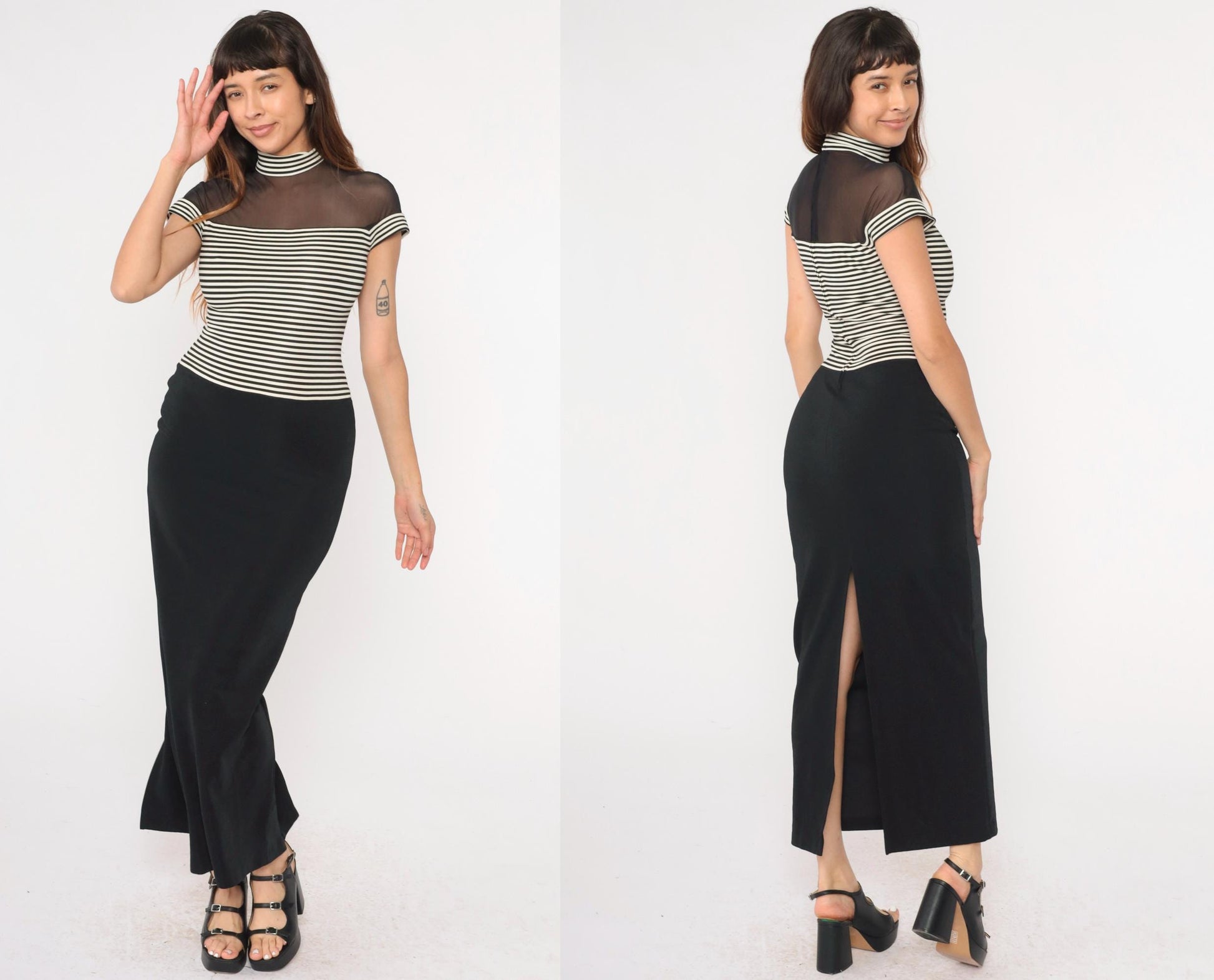 90s Susan Rosalli Bodycon Maxi Dress Black White Striped Mesh Mock Neck Small 4