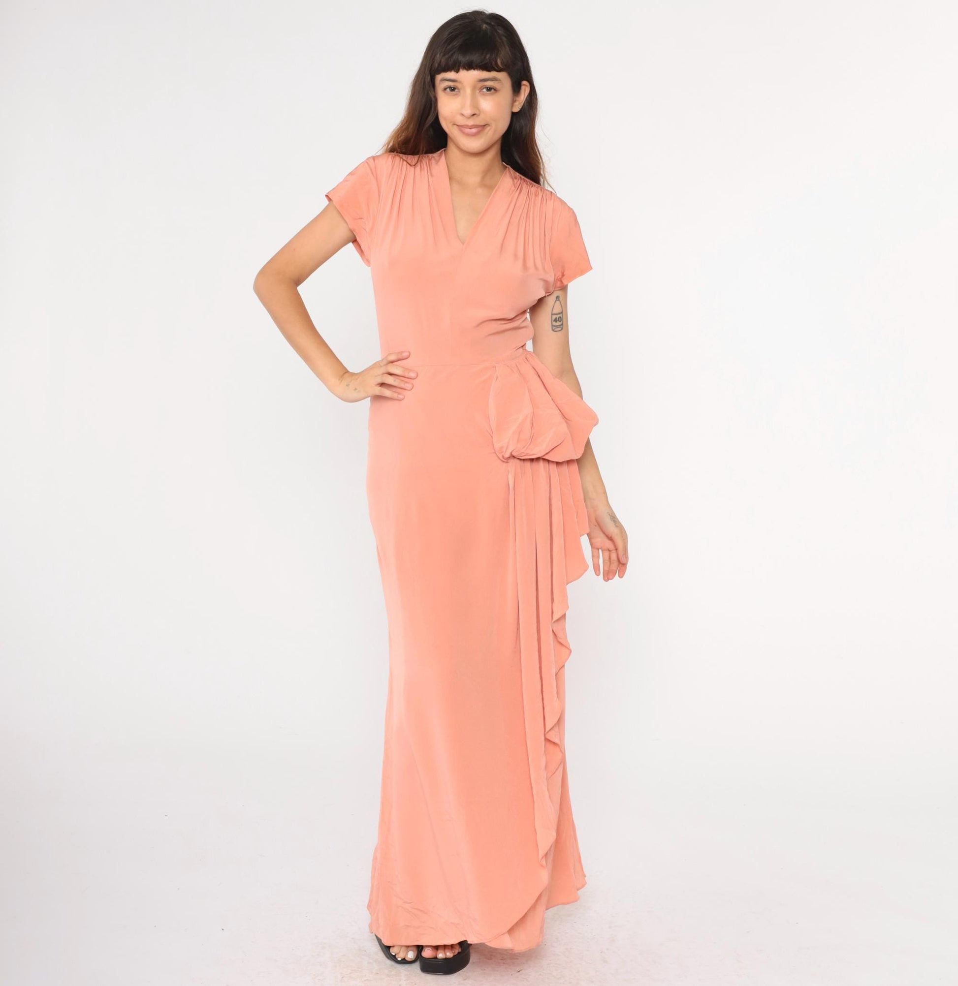 1940s Peach Pink Flutter Sleeve Maxi Gown Metal Side Zip Small