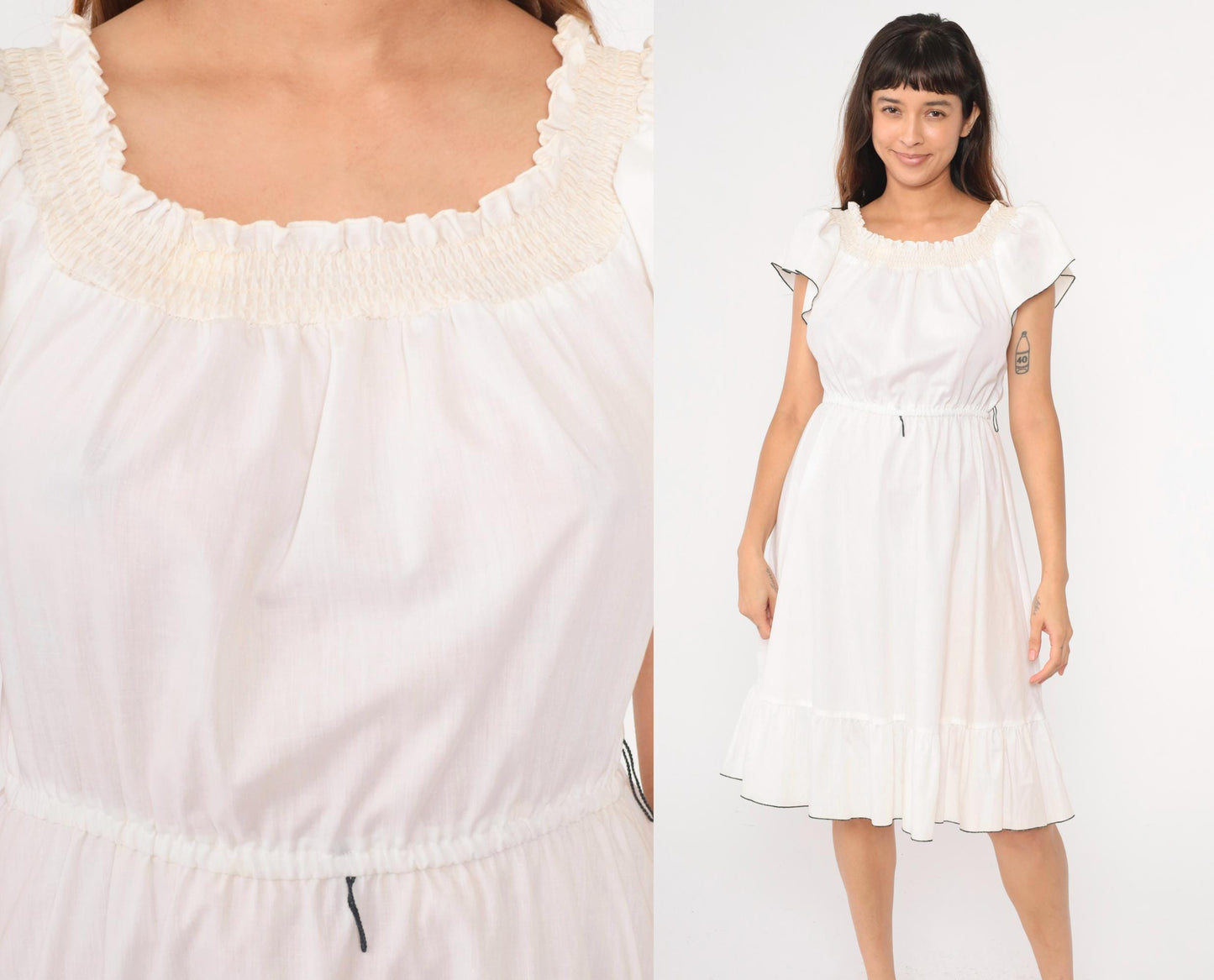 80s White Peasant Dress Smocked Neckline Flutter Sleeve Midi Medium