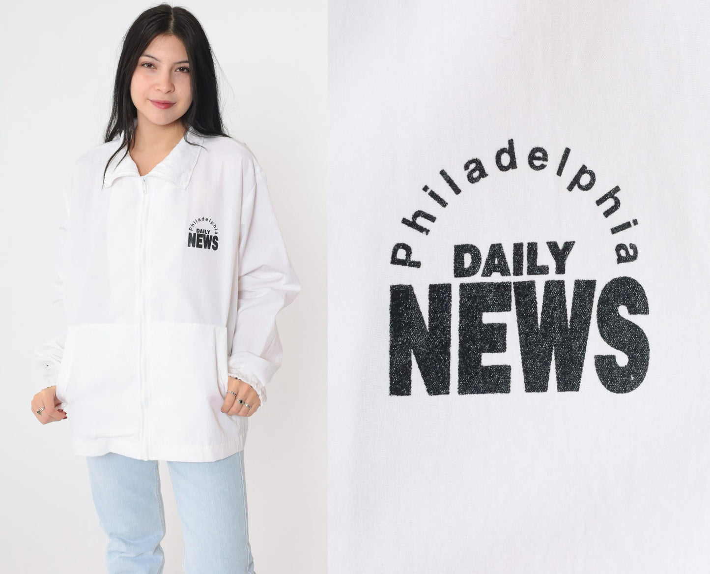 90s Philadelphia Daily News Windbreaker Jacket White Zip-Up Large