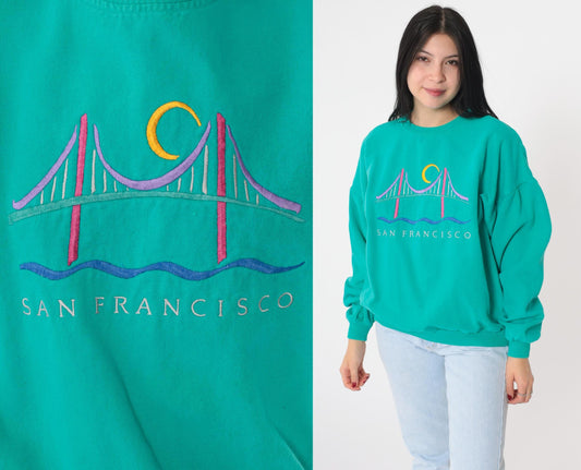 90s San Francisco Golden Gate Bridge Embroidered Sweatshirt Teal Cotton Medium