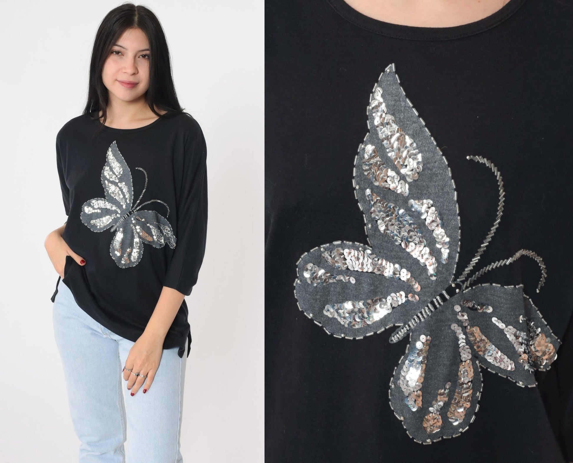 80s Sequin Butterfly T-Shirt Silver Beaded Graphic 3/4 Sleeve Medium