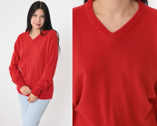 80s Monterey Knits Red V-Neck Pullover Sweater Medium Large