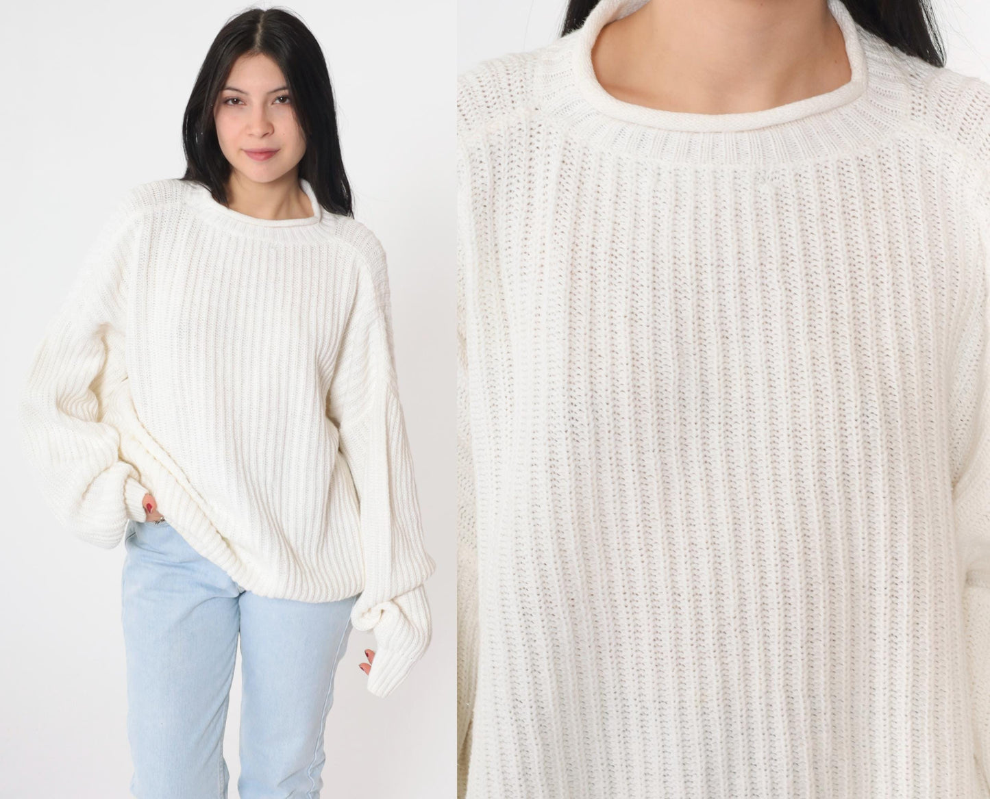 90s Structure White Ramie Cotton Roll Neck Sweater Ribbed Knit Large L
