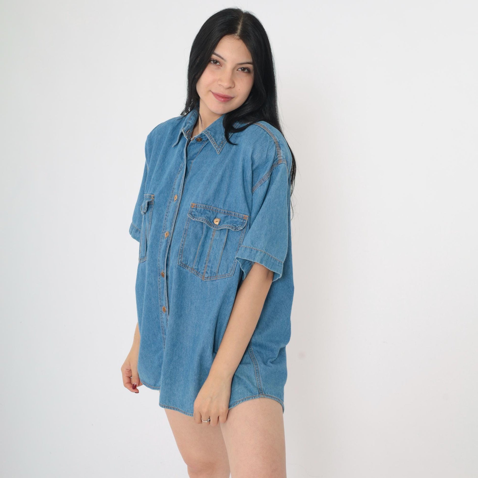 90s Blue Denim Button-Up Shirt Short Sleeve Collared Cotton Medium
