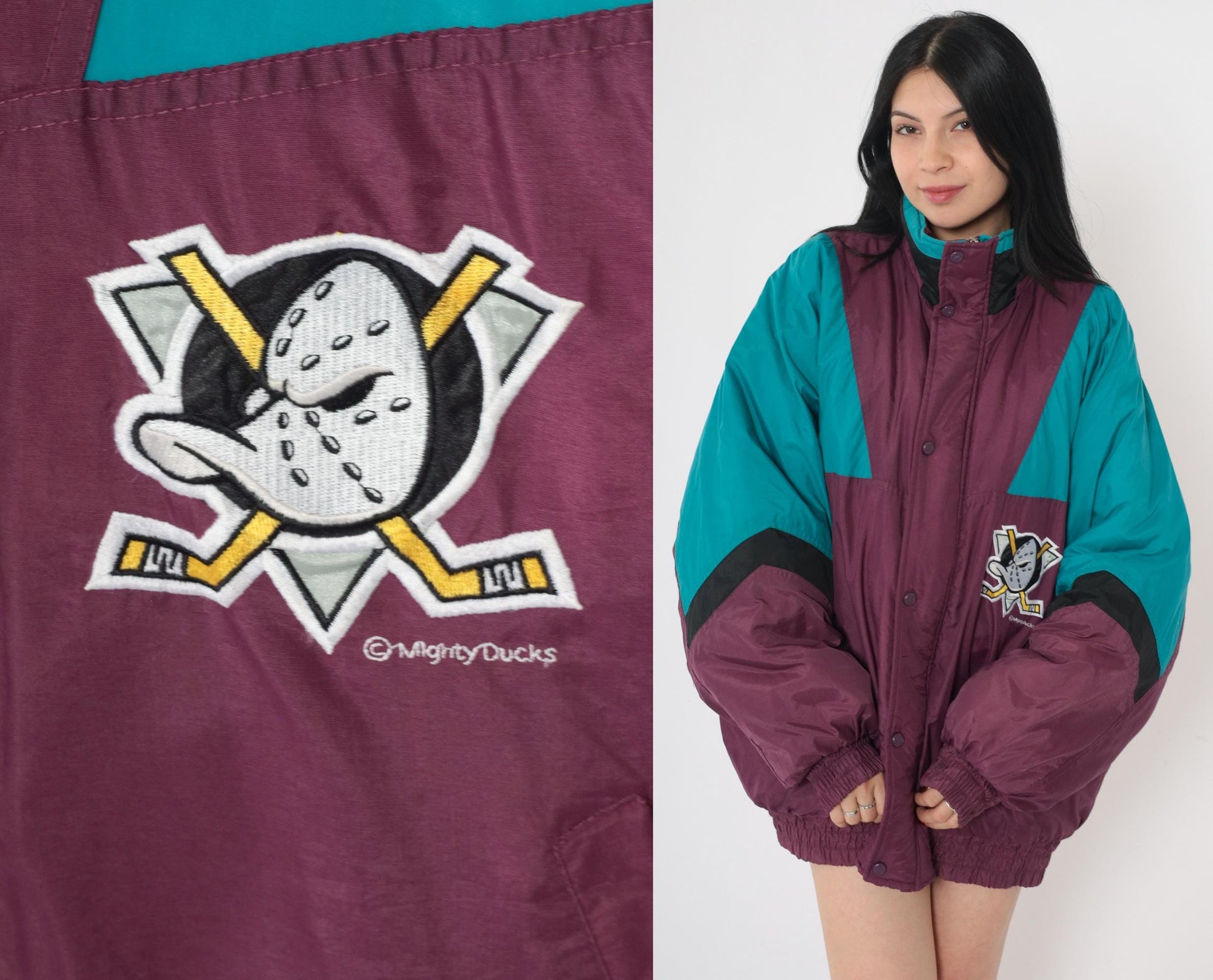 90s Anaheim Mighty Ducks NHL Puffer Jacket Chalk Line Zip Up Extra Large XL