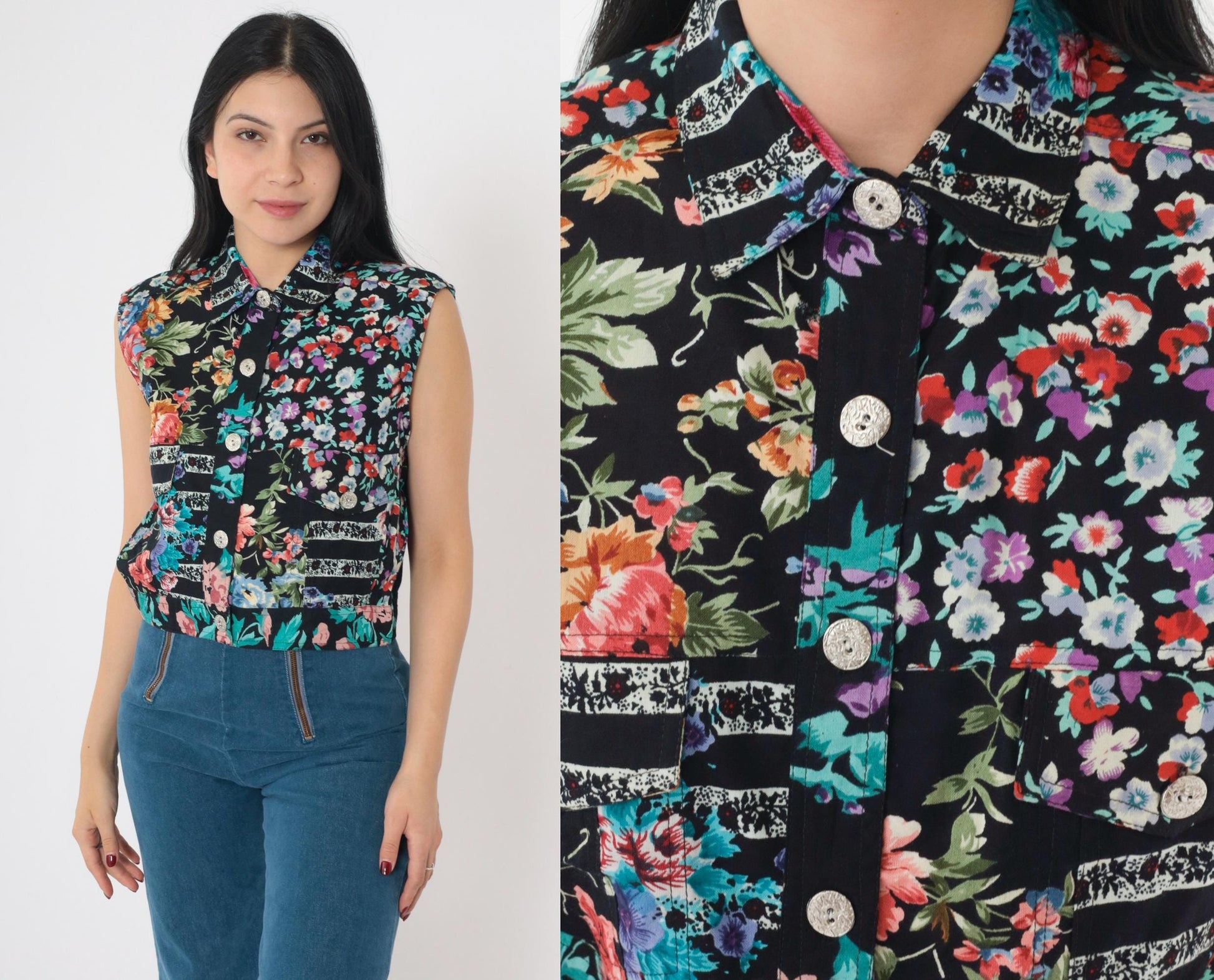 90s Cotton Express Floral Patchwork Crop Top Sleeveless Button-Up Medium