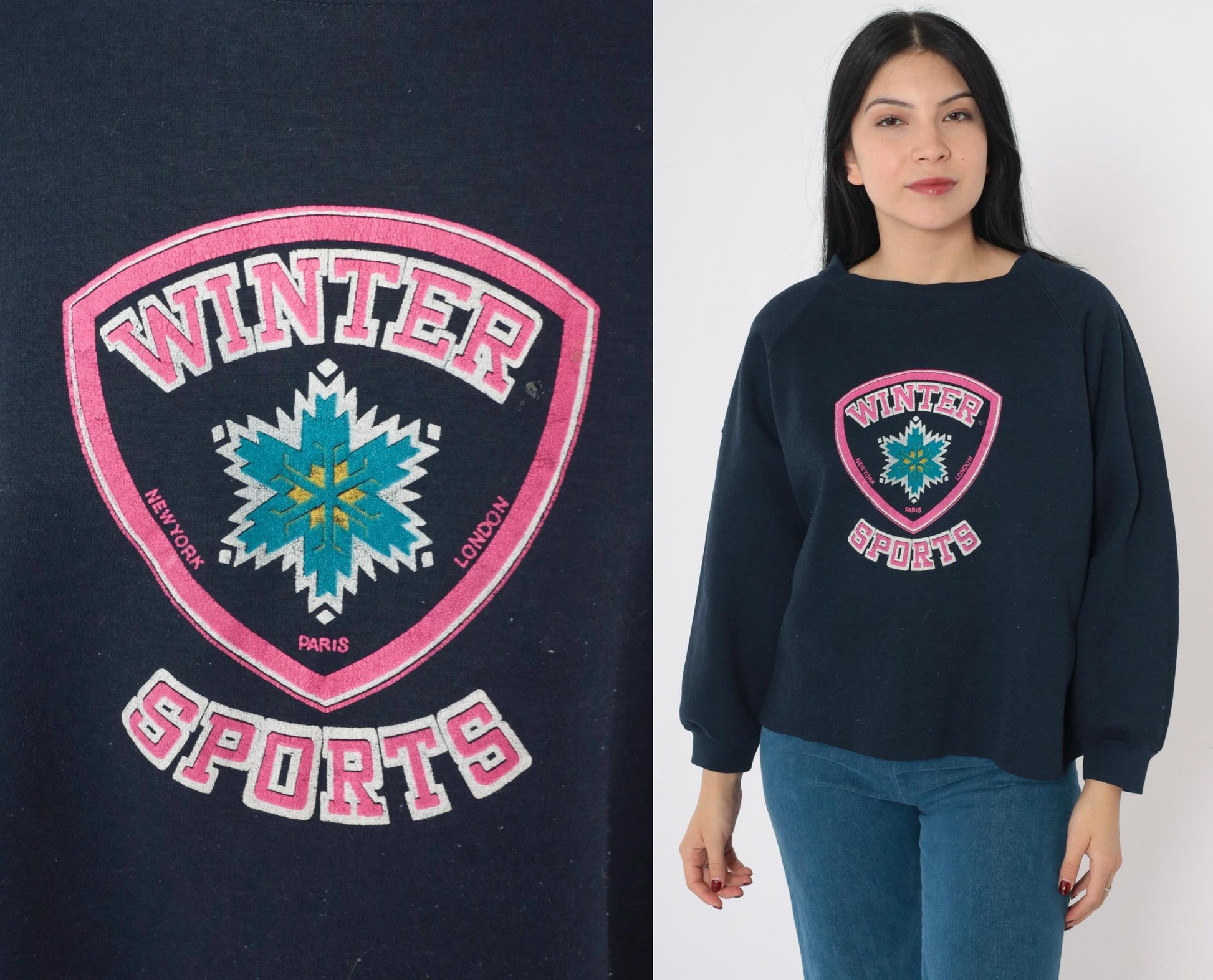 90s Navy Snowflake Winter Sports Graphic Sweatshirt Raglan Cutoff Medium