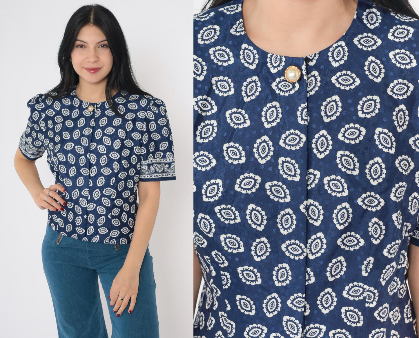 80s Blue Geometric Medallion Puff Sleeve Blouse Pearl Button Small