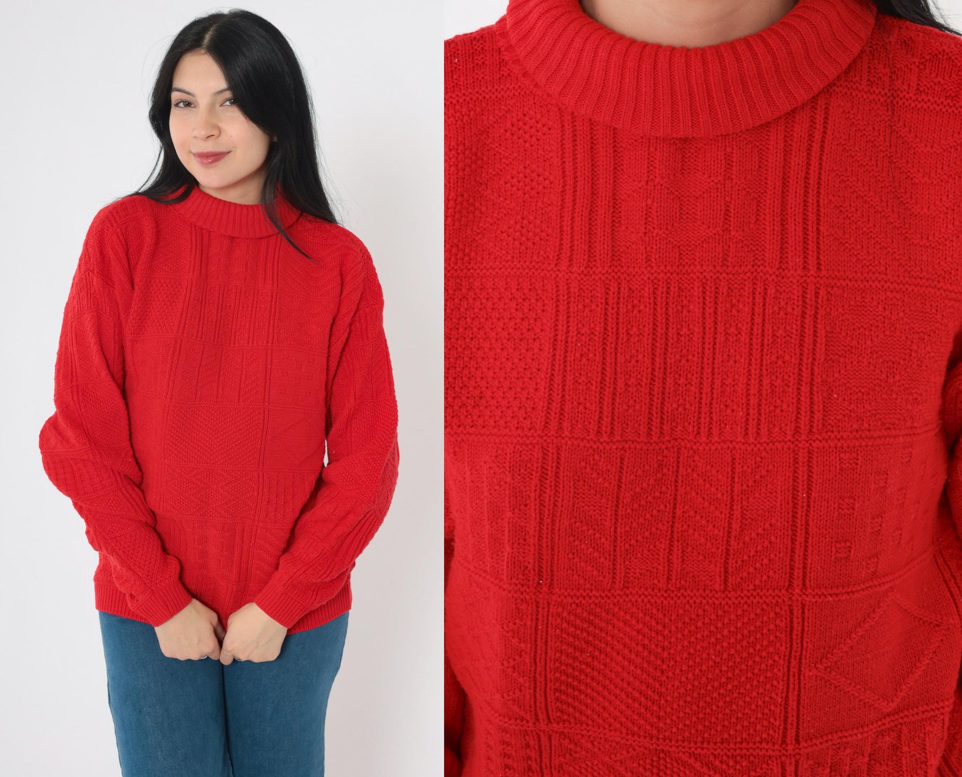 80s Red Textured Turtleneck Sweater Acrylic Knit Pullover Medium M