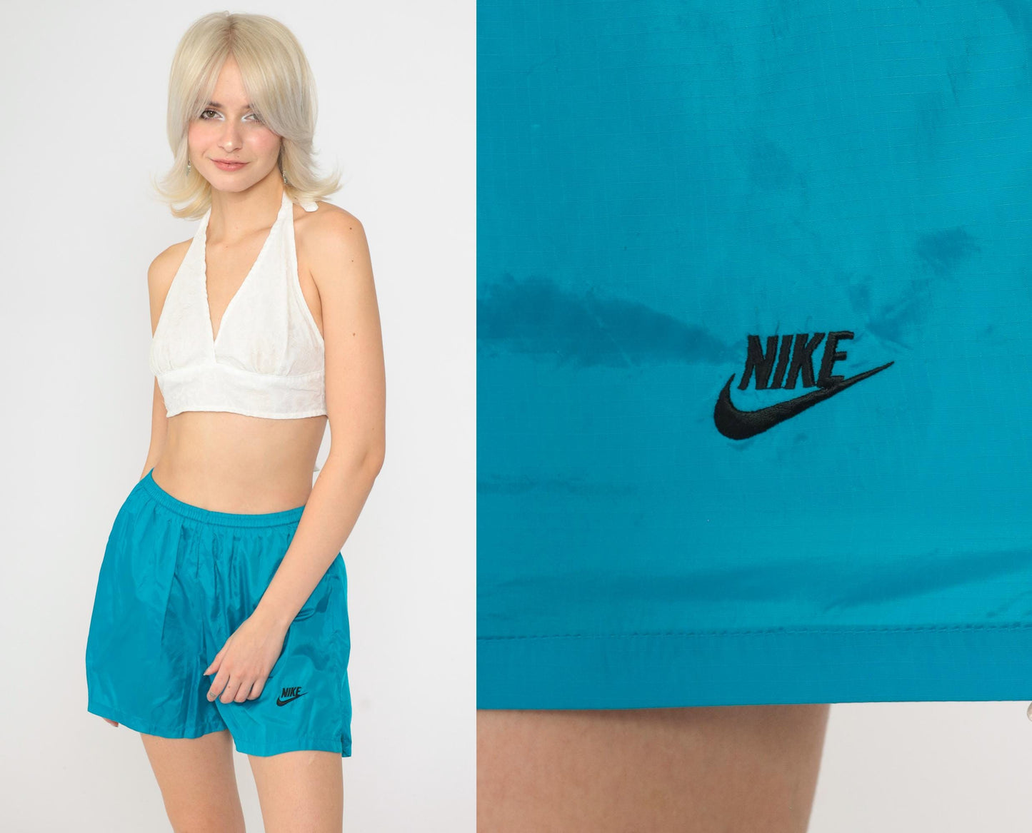 Y2K Nike Nylon Athletic Shorts Teal Blue Elastic Waist Medium