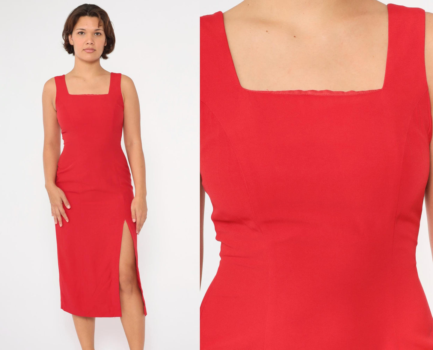 90s Joseph Ribkoff Red Midi Sheath Dress Cage Back Square Neck Small 4