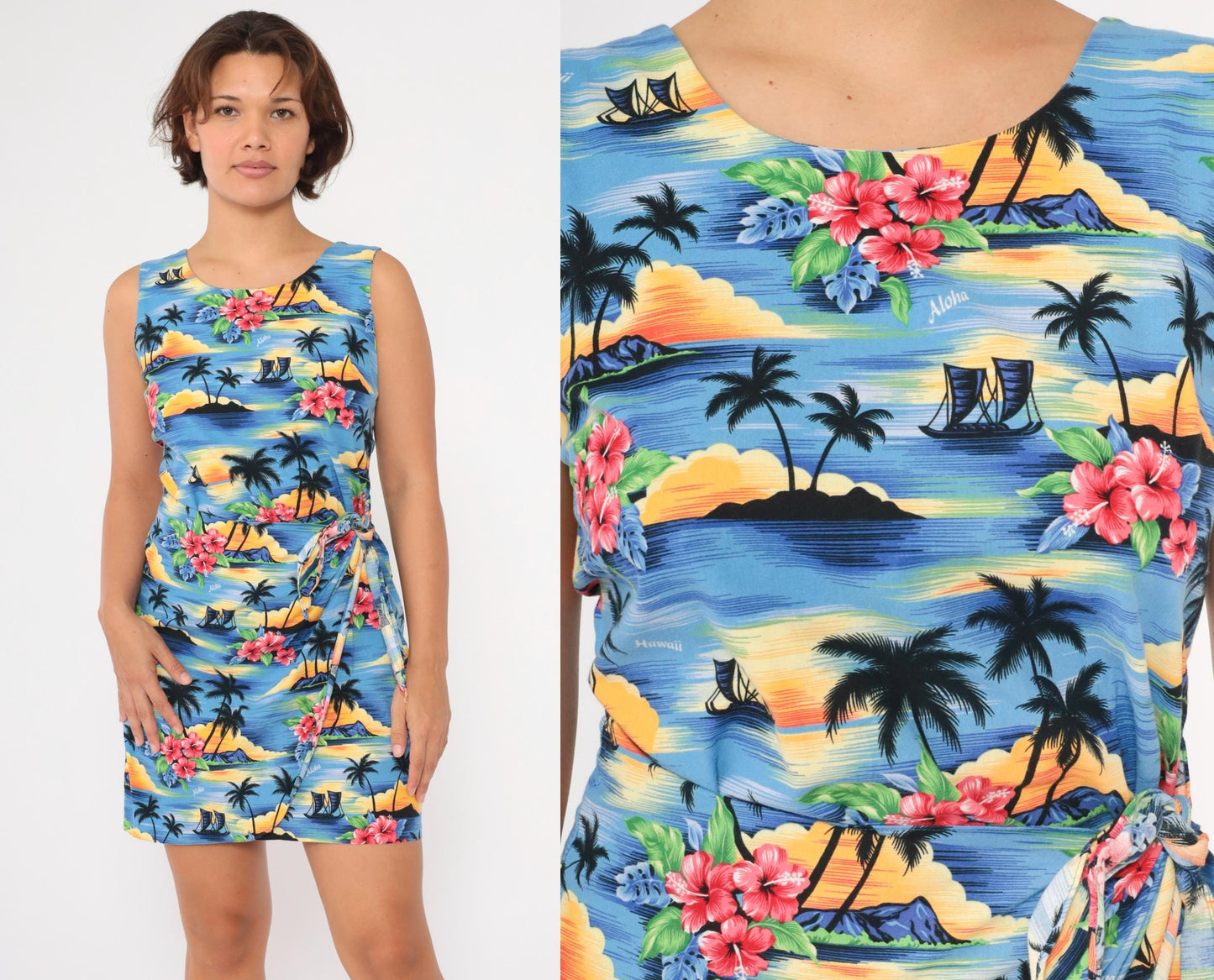 Y2K Hawaiian Tropical Mini Dress Palm Tree Print Blue Sleeveless Small