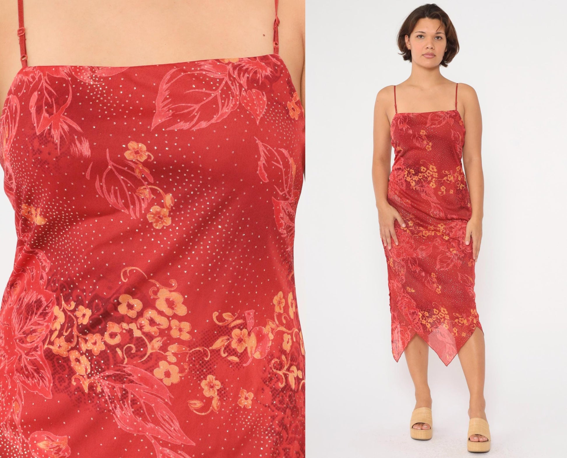 Y2K Red Floral Sparkle Chiffon Hanky Hem Midi Dress Medium