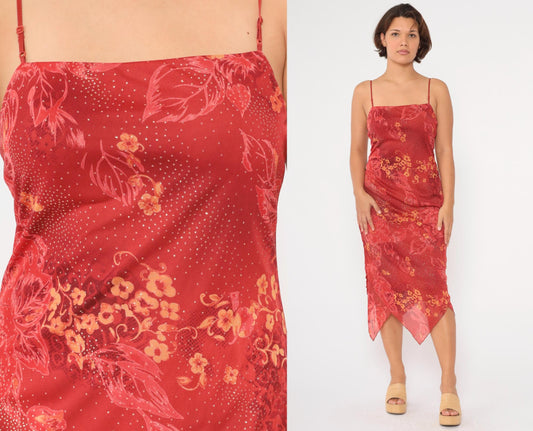 Y2K Red Floral Sparkle Chiffon Hanky Hem Midi Dress Medium