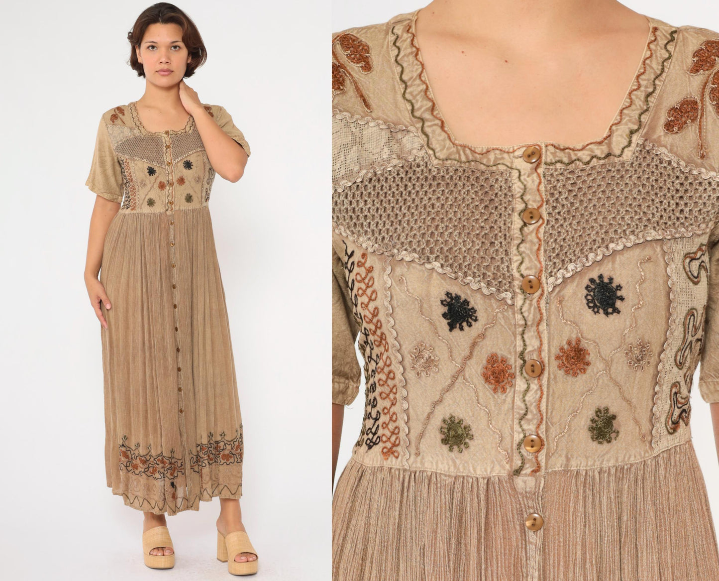 00s M.P.H. Embroidered Floral Maxi Dress Tan Button-Up Crochet Small S