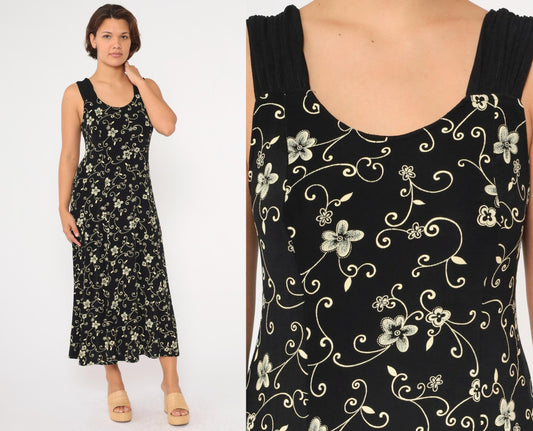 90s Black Floral Maxi Dress Sleeveless Scoop Neck Yellow Print Large
