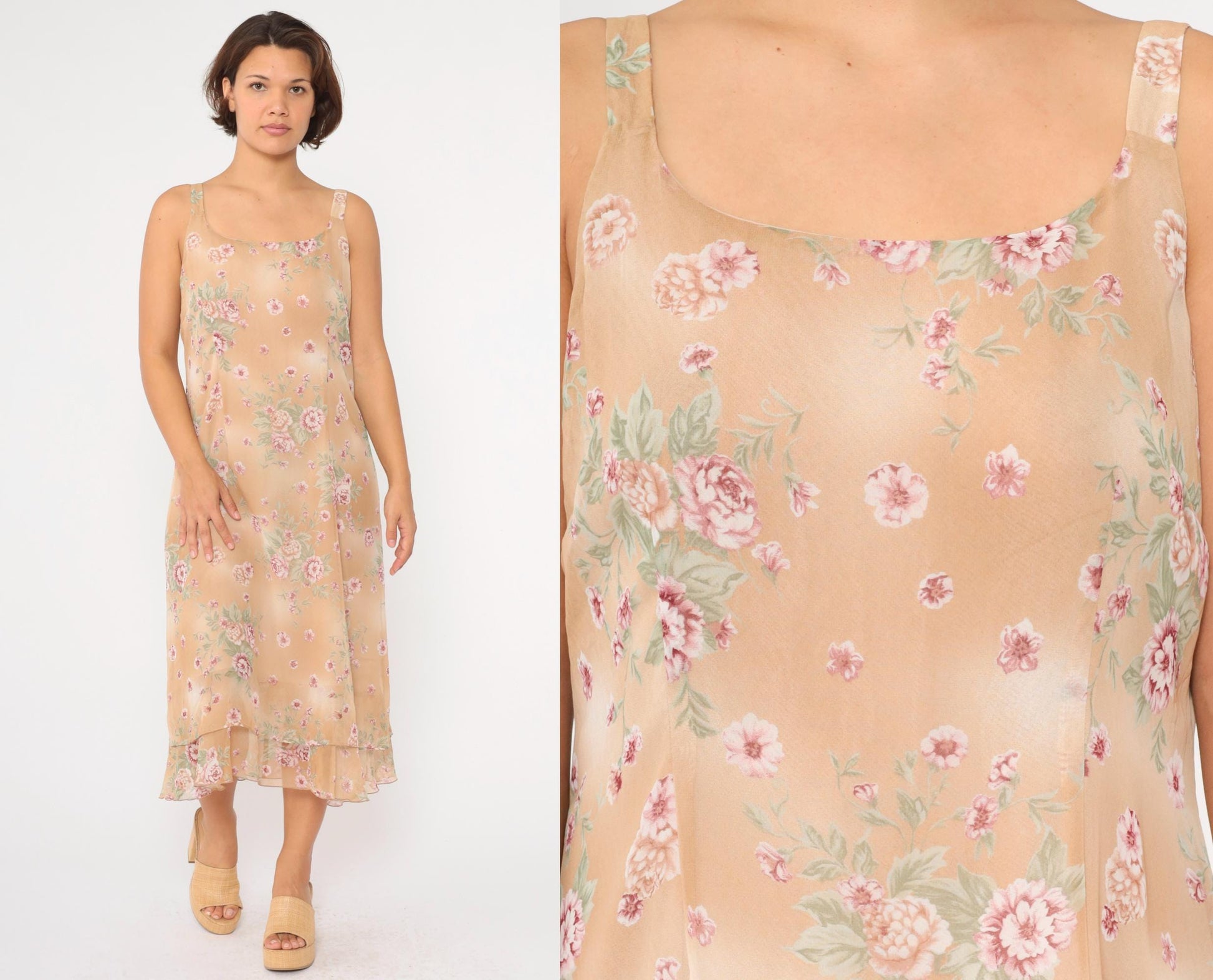 90s Sag Harbor Floral Chiffon Midi Dress Tan Tiered Sleeveless Large 14