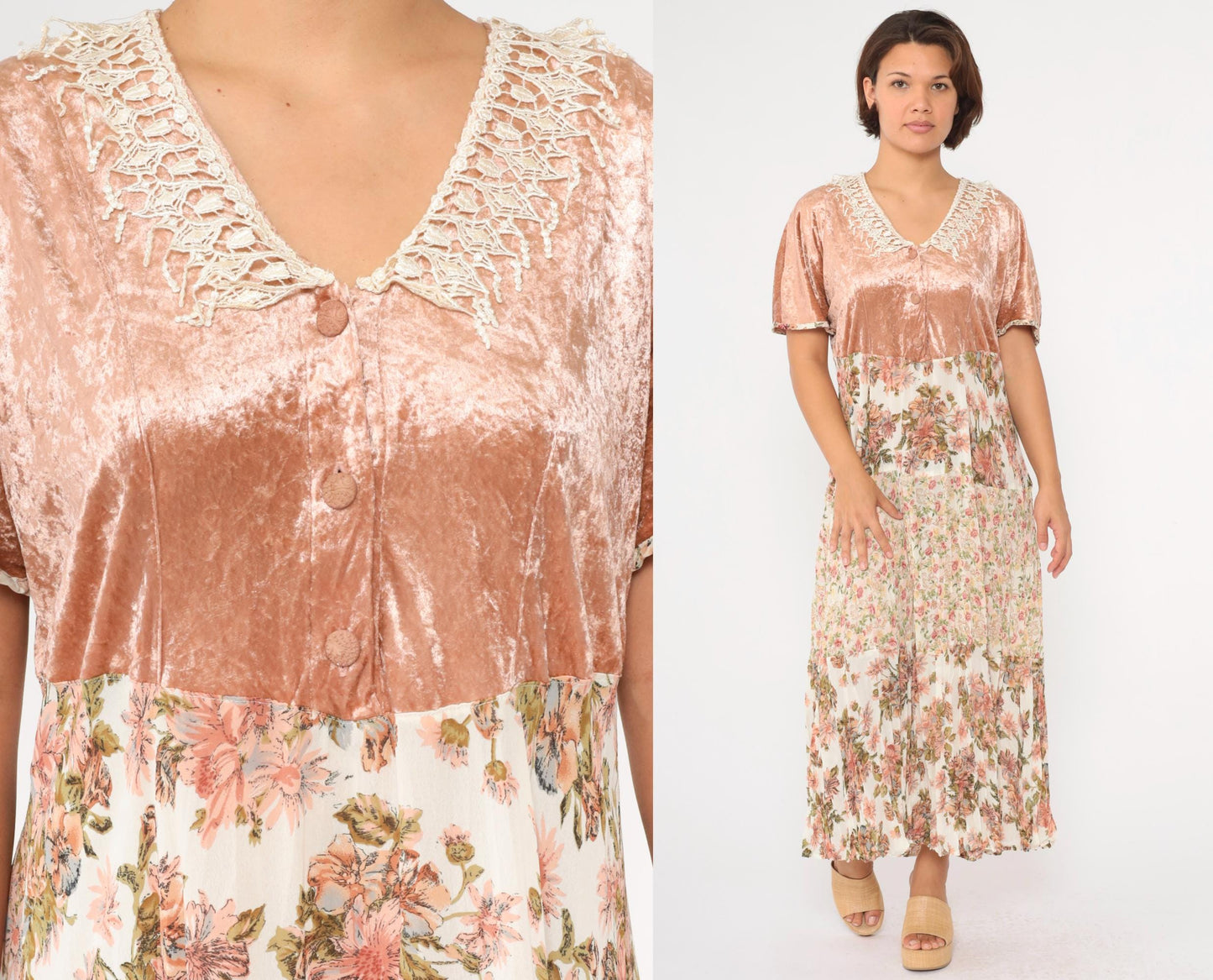 90s Velvet Gauze Tiered Floral Maxi Dress Blush Pink Lace Trim Large L