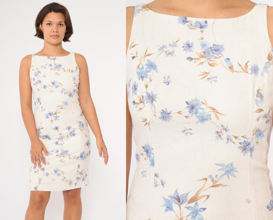 90s Jones New York Linen Floral Minidress Off-White Periwinkle Small