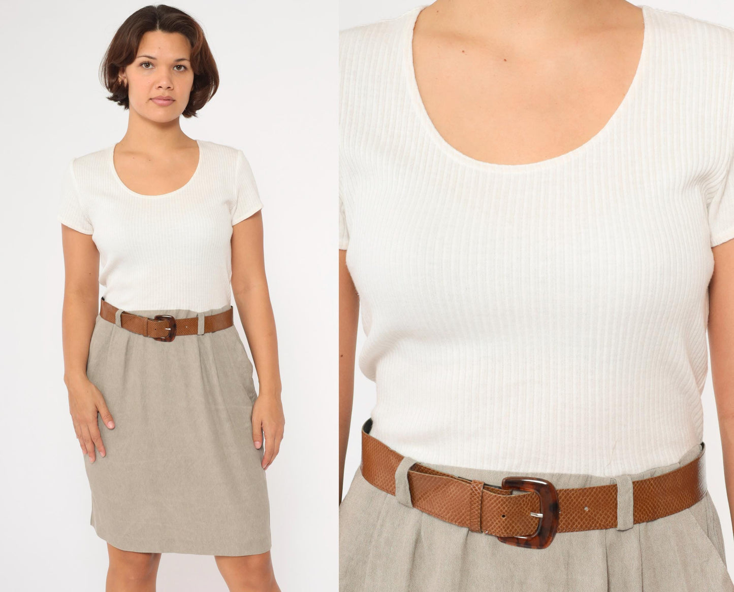 90s White Grey Ribbed Mini Dress High Waist Belted Short Sleeve Medium