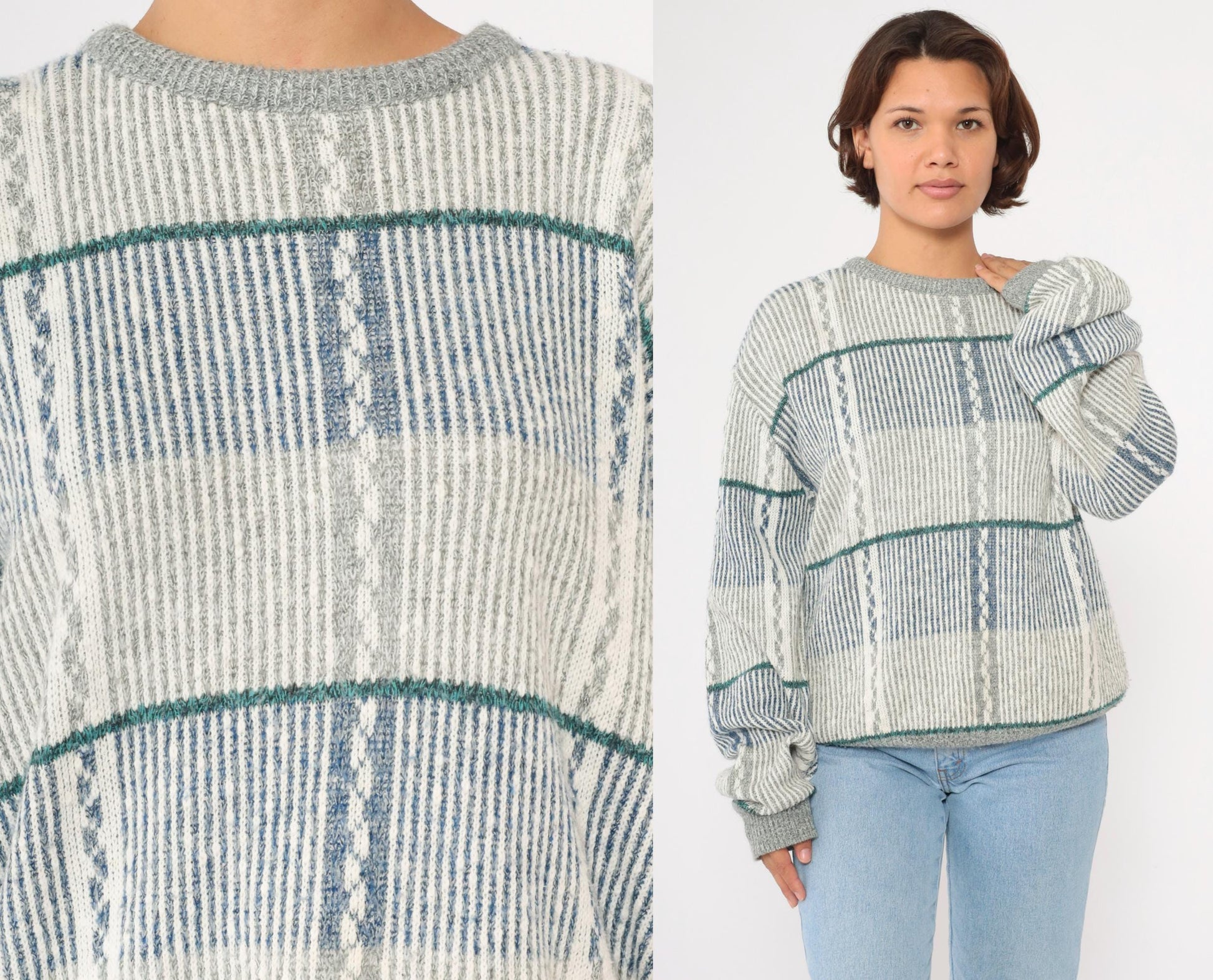 80s Striped Knit Sweater Blue Grey Pullover Extra Large XL