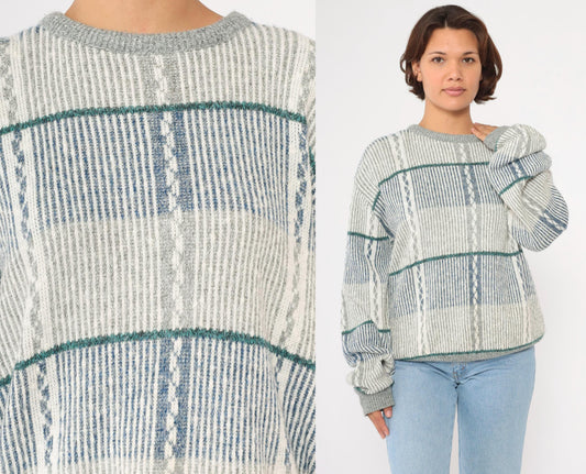 80s Striped Knit Sweater Blue Grey Pullover Extra Large XL