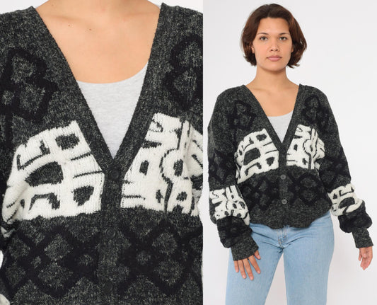 90s J.J. Blu Geometric Cardigan Grey Knit Abstract Button-Up Small