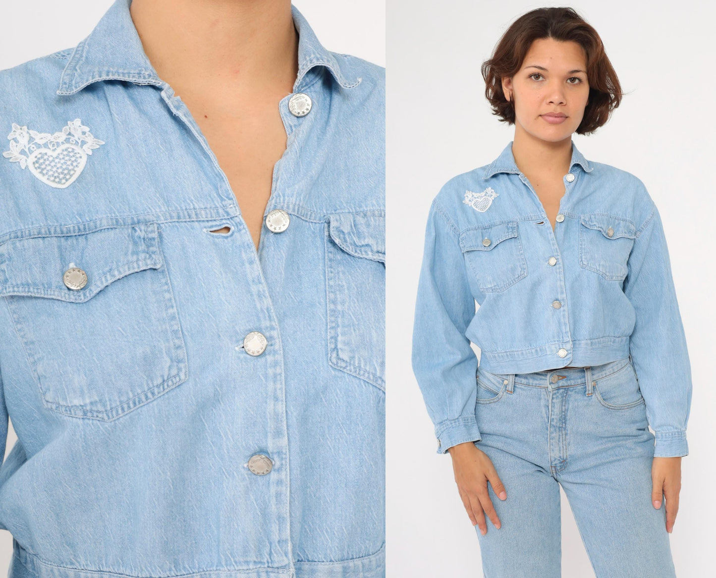 90s Light Wash Denim Crop Shirt Lace Heart Detail Button Up Small
