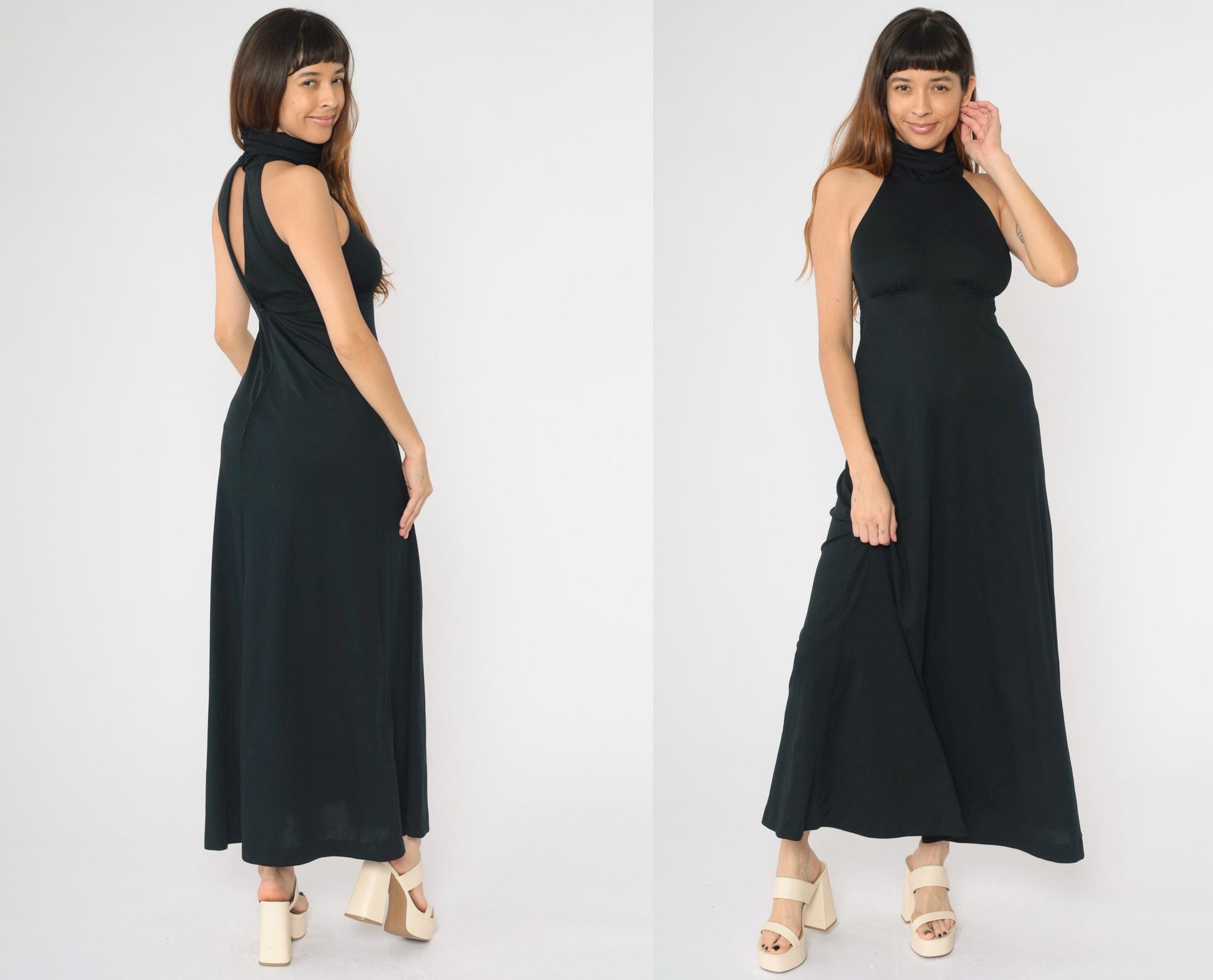 70s Black Maxi Dress Racerback Keyhole Cutout Empire Waist Turtleneck XS