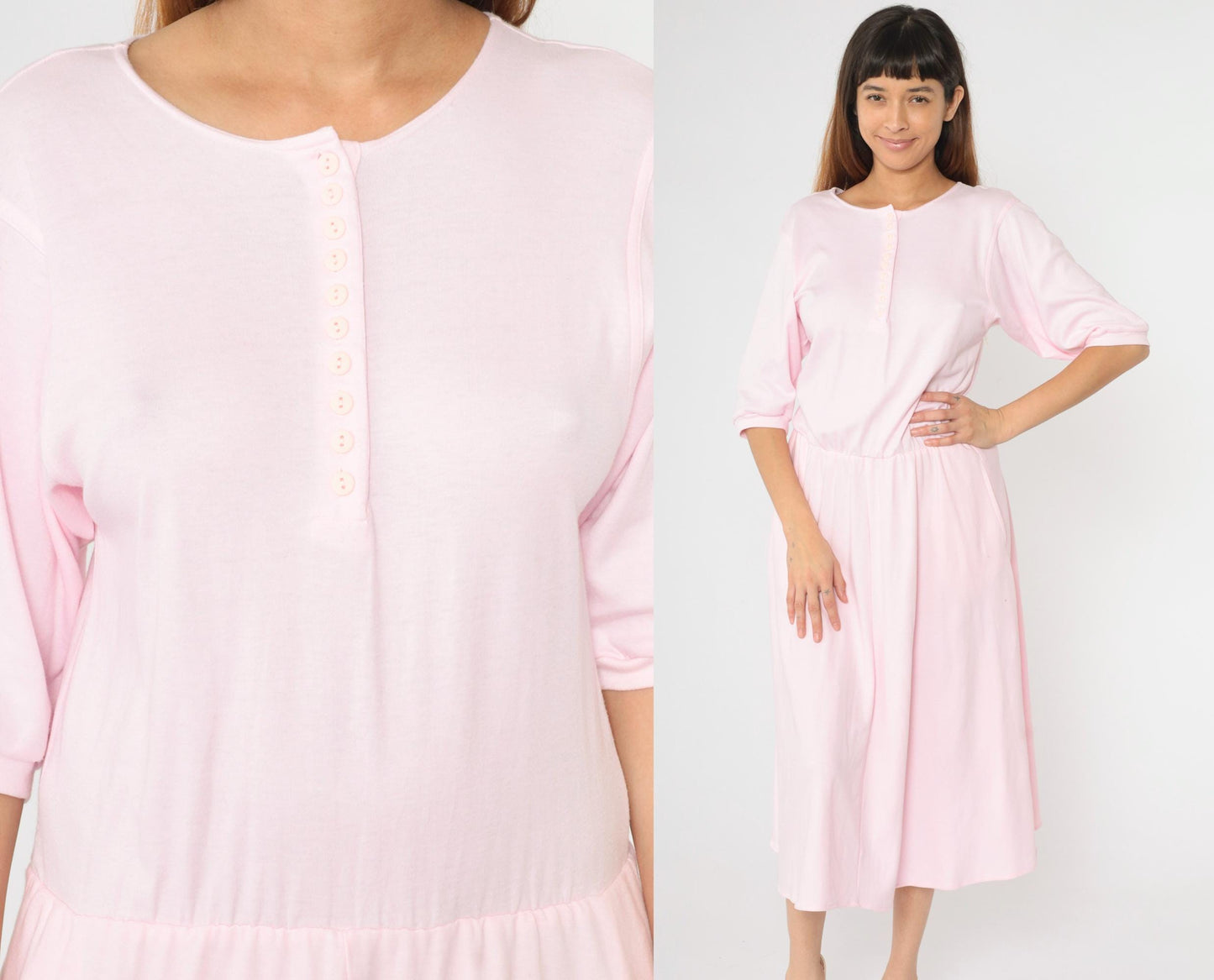 80s Baby Pink Midi Shirtdress Button-Up High Waist Half Sleeve Medium