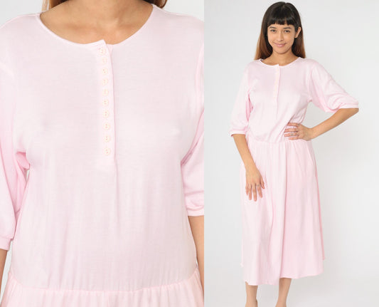 80s Baby Pink Midi Shirtdress Button-Up High Waist Half Sleeve Medium