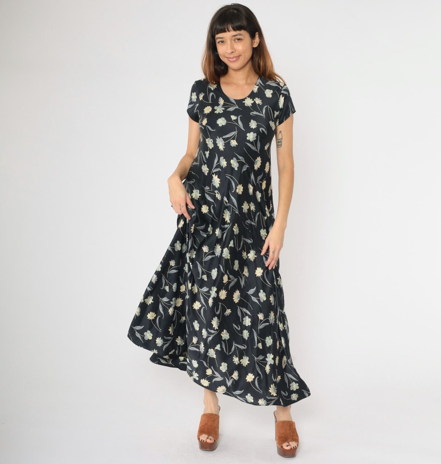 90s Black Floral Silk Maxi Dress Scoop Neck Short Sleeve Large L