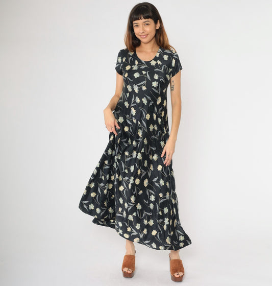 90s Black Floral Silk Maxi Dress Scoop Neck Short Sleeve Large L